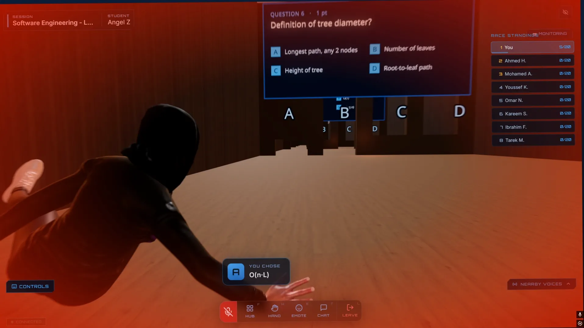A player standing in an incorrect answer zone, which is marked as wrong