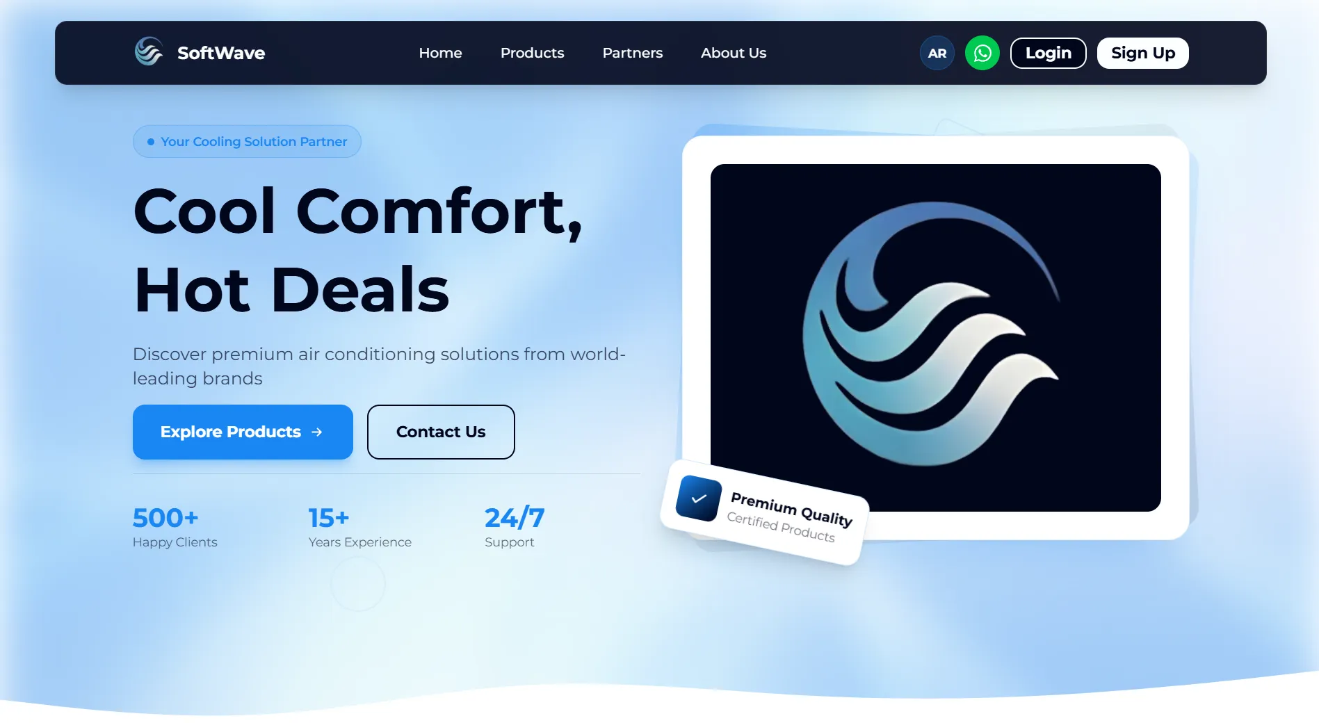 SoftWave homepage hero: "Cool Comfort, Hot Deals" with a logo card and trust stats — 500+ clients, 15+ years, 24/7 support