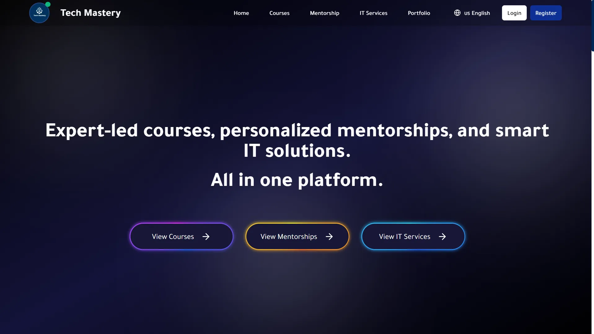 Homepage hero reading "Expert-led courses, personalized mentorships, and smart IT solutions" with three call-to-action buttons